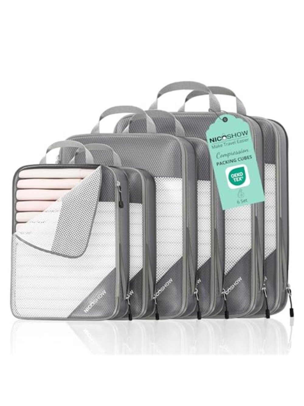 Compression Packing Cubes 6 Piece Set Travel Luggage Organizers Lightweight Grey